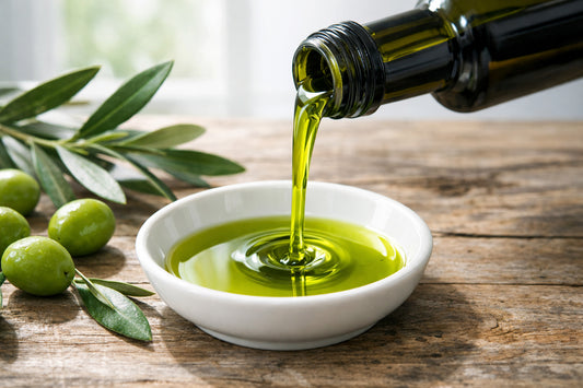 Olijfolie polyfenolen — een close-up van levendige groene extra vierge olijfolie die in een keramische schaal wordt geschonken.