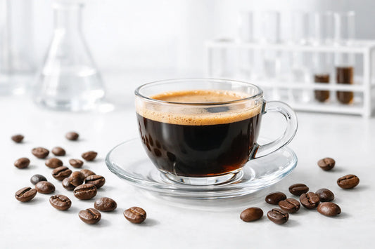 Coffee — freshly brewed coffee in a clear glass cup with whole Coffea arabica beans