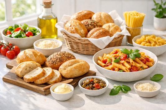 Produtos sem glúten Holanda — a selection of gluten-free breads and pasta arranged on a bright kitchen counter.