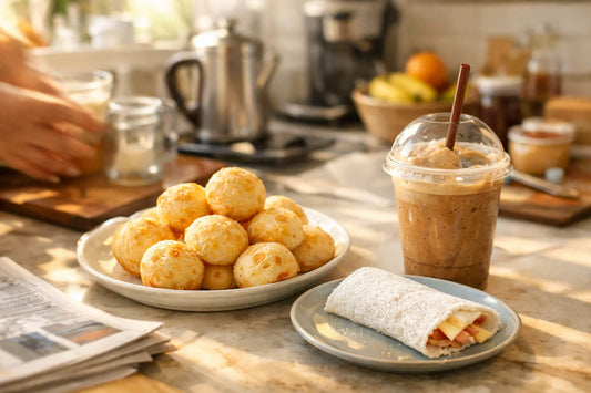 Express ontbijt — een selectie van snelle ontbijtjes zoals Pão de Queijo en een smoothie op een keukenaanrecht.