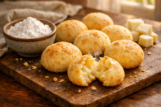 Glutenvrij kaasbrood — een houten plank met versgebakken Braziliaanse pão de queijo, met een kom polvilho ernaast.