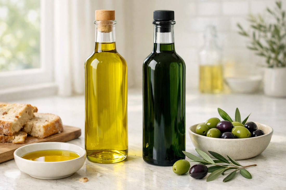 Etruna olijfolie — Two bottles, Regular and Intense, compared on a kitchen counter with fresh olives.