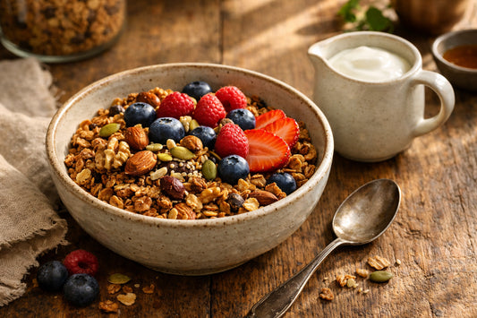 Beste granola — a healthy bowl of granola with fresh berries, nuts, and yogurt on a wooden table.