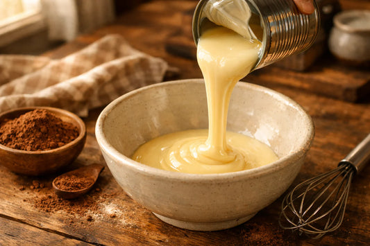Leite condensado — a can of sweetened condensed milk being poured into a bowl for a Brazilian dessert recipe.