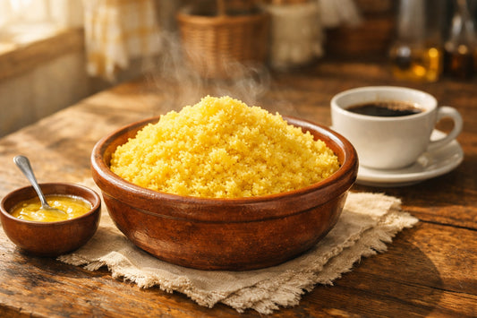 Cuscuz brasileiro — a fluffy, steamed cornmeal dish in a ceramic bowl with melted butter, ready to eat.