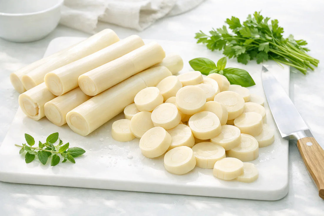 Hearts of Palm — freshly sliced hearts of palm on a white cutting board with green herbs