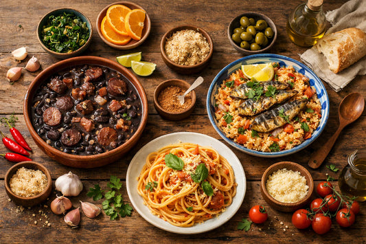 Budget recepten — a flat lay of several affordable and delicious dishes like rice and beans, and sardine pasta.