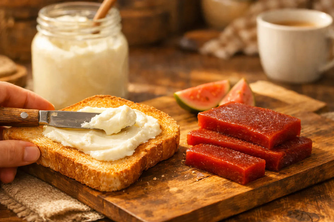 Requeijão recepten — een pot romige Requeijão met toast en plakjes goiabada op een houten tafel.