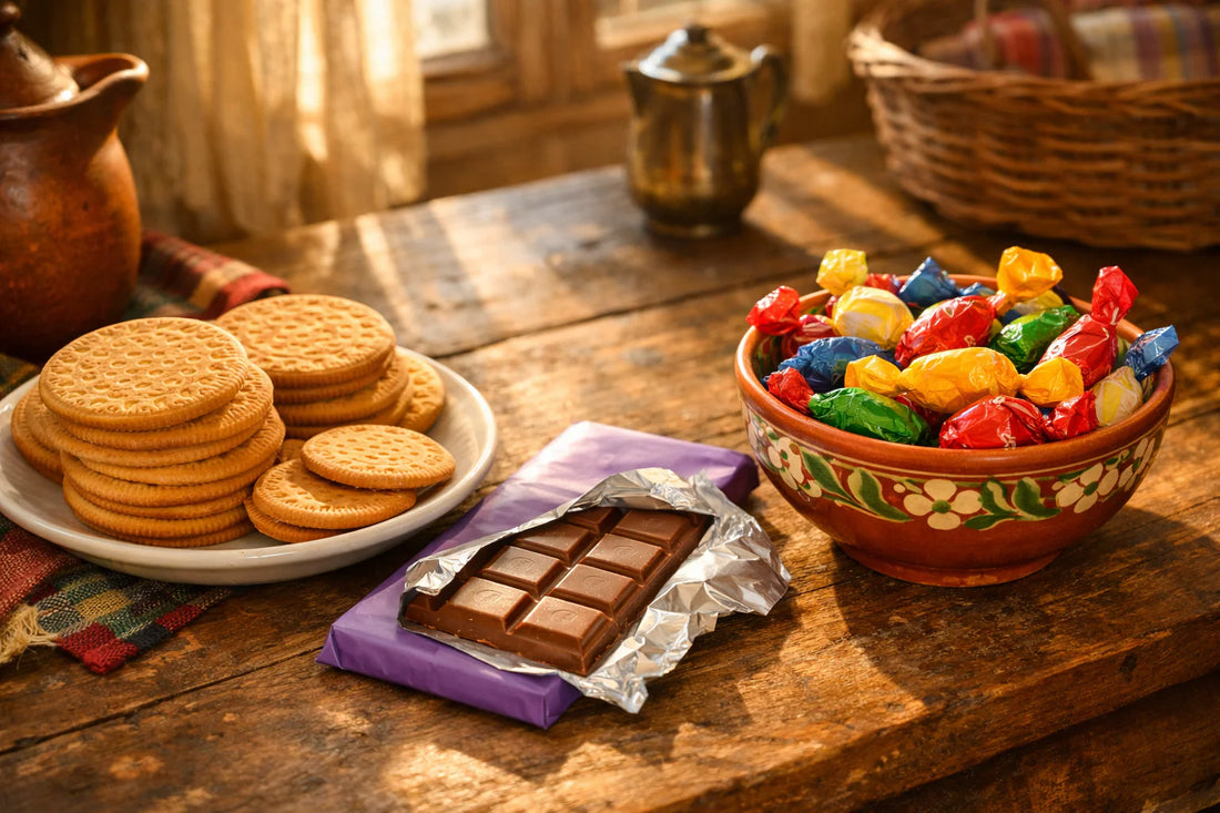 Snacks e doces portugueses — uma coleção de Bolachas Maria, chocolate e rebuçados numa mesa de madeira rústica.