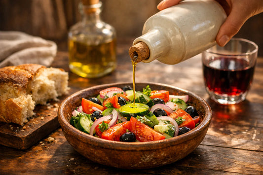 Esporão Olijfolie — premium olijfolie wordt over een Portugese salade gedruppeld op een rustieke tafel.