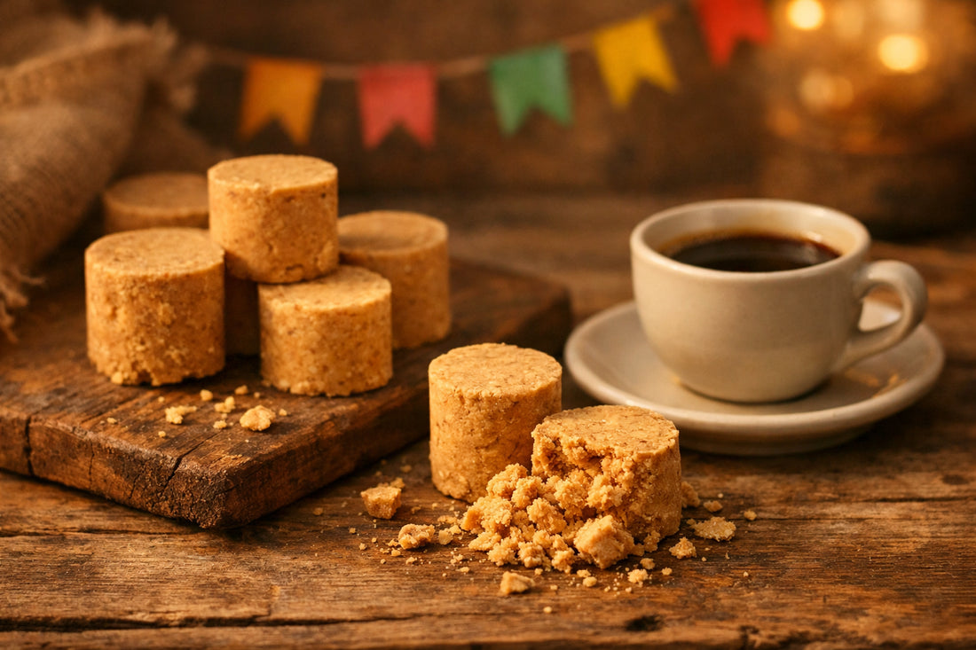 Paçoquinha na Holanda — several Brazilian peanut candies on a rustic wooden table next to a cup of coffee.
