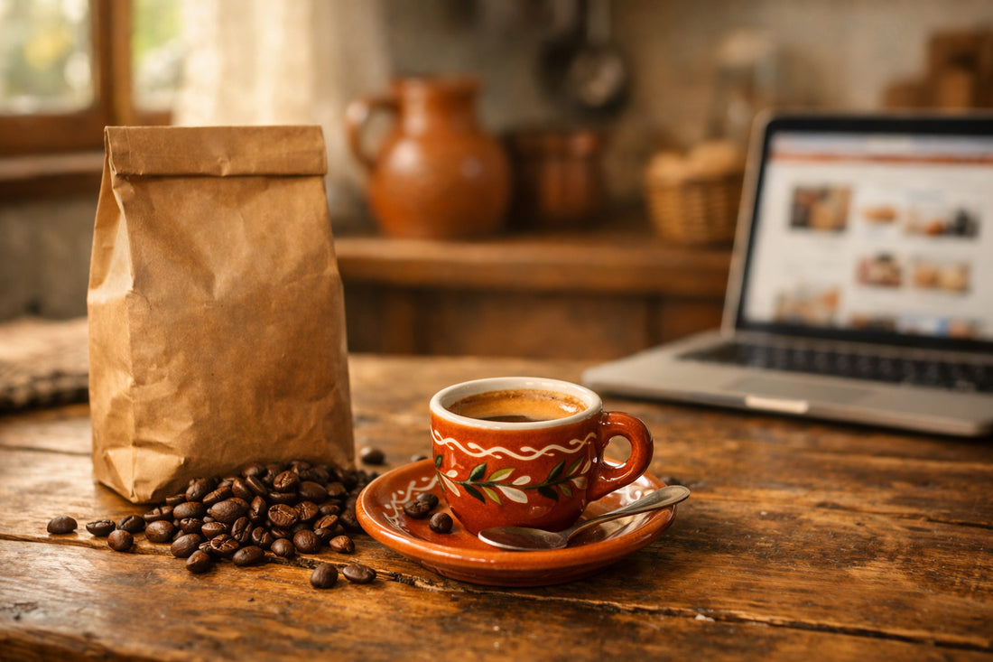 Portugese koffie kopen — a bag of coffee beans and a fresh espresso on a kitchen table with a laptop.