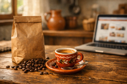 Portugese koffie kopen — a bag of coffee beans and a fresh espresso on a kitchen table with a laptop.