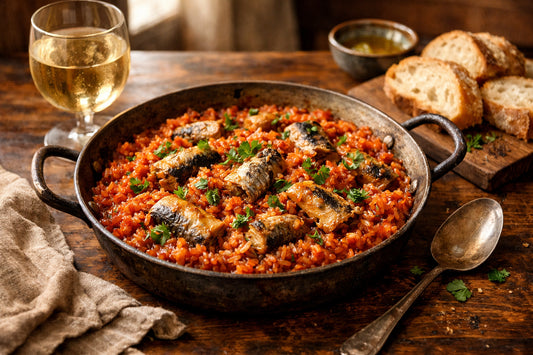 Arroz de Sardinha — a rustic pan filled with authentic Portuguese sardine rice, garnished with fresh parsley.