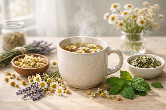 Kruidenthee — Een kop kamillethee omringd door gedroogde kruiden zoals kamille en lavendel op een houten tafel.