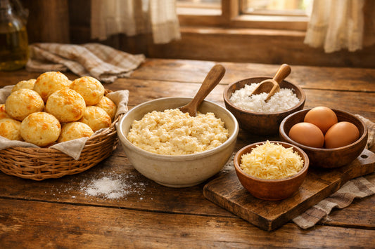 Pão de queijo — a visual comparison of frozen, mix, and homemade options on a rustic kitchen table.