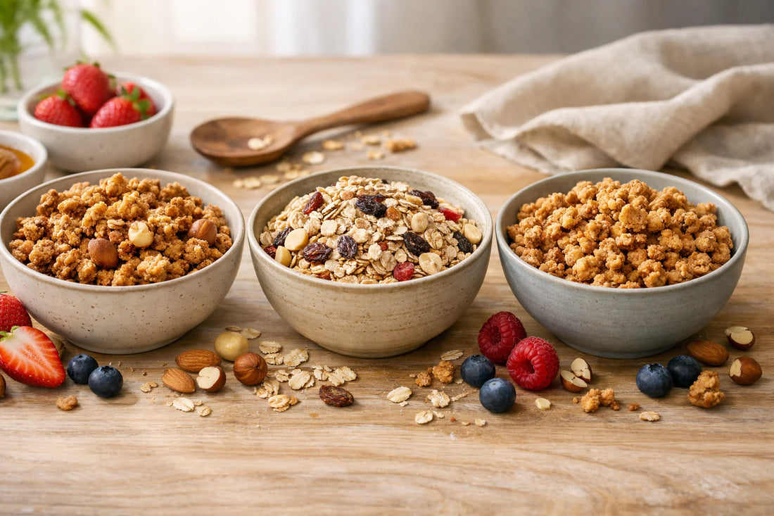 Granola vs Muesli — Three bowls on a wooden table showing the distinct textures of granola, muesli, and cruesli.