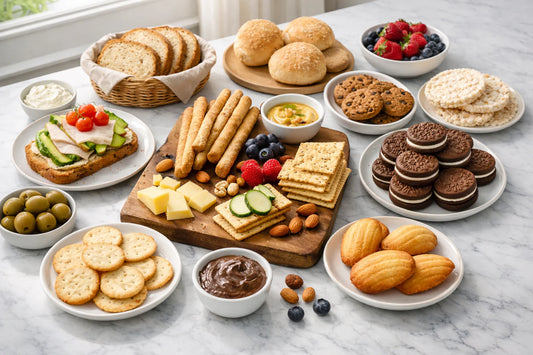 Schär kopen — A variety of Schär gluten-free products like bread and crackers arranged on a kitchen counter.