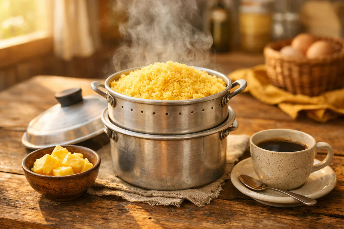 Yoki Flocão — a freshly made, steaming Brazilian cuscuz in a traditional pan on a wooden table.