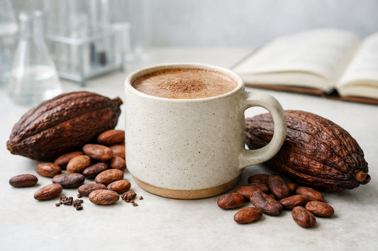 Cocoa drink — warm cocoa drink in a ceramic mug with fresh cocoa beans and pods on a light surface