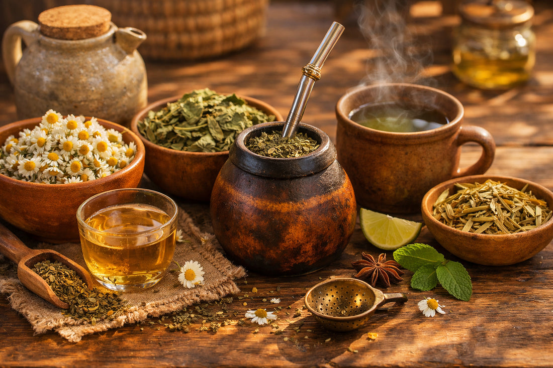 Chás portugueses e brasileiros — a collection of traditional teas like chamomile and mate on a rustic table.