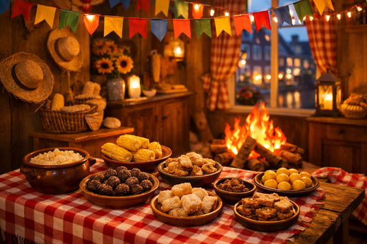 Decoração Festa Junina na Holanda — ambiente com bandeirinhas coloridas, mesa com toalha xadrez e doces típicos.