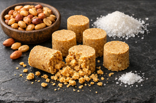 Paçoquinha — A crumbled Brazilian peanut candy shown with its ingredients: roasted peanuts, sugar, and salt.