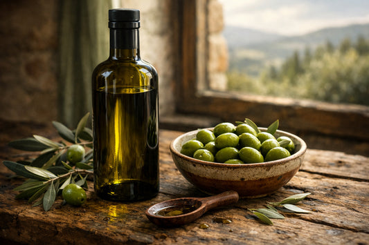 Italiaanse extra vierge olijfolie — een fles premium olijfolie naast een kom met verse olijven op een rustieke houten tafel.
