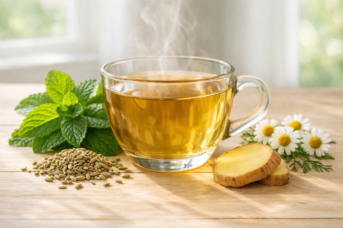 Infusão Digestão Fácil — a clear glass cup of herbal tea surrounded by fresh fennel, peppermint, ginger, and chamomile.