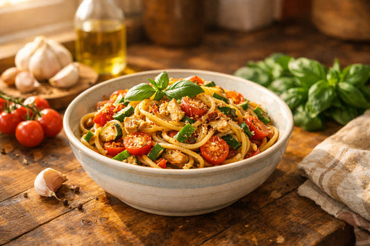 Snelle recepten — een kleurrijk en vers pastagerecht in een kom op een houten aanrecht.