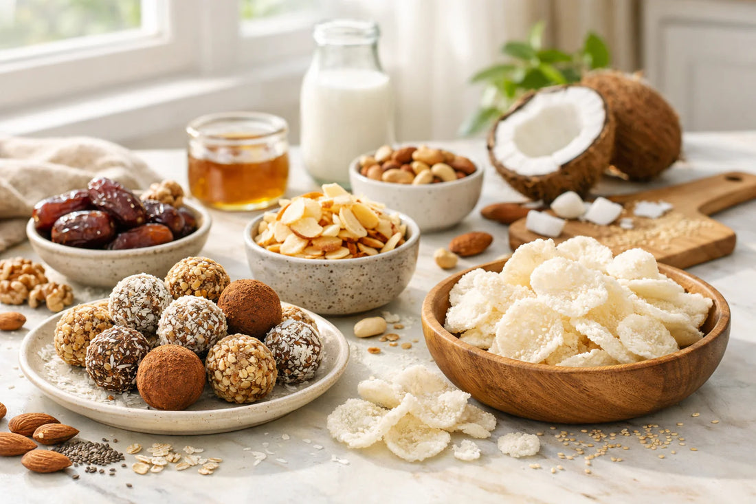 Gezonde snacks — an assortment of homemade energy balls, coconut chips, and crackers on a clean kitchen counter.