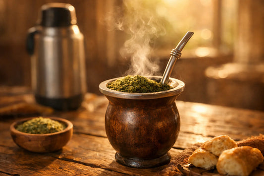 Erva Mate — a traditional Brazilian chimarrão gourd (cuia) and metal straw (bomba) on a rustic wooden table.