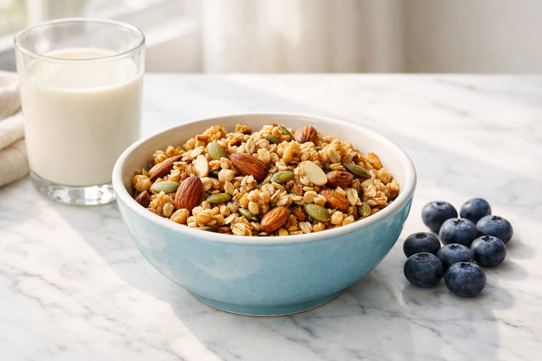 Eat Natural granola kopen — a healthy bowl of granola with nuts, seeds, and fresh blueberries on a white countertop.