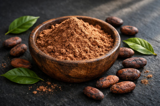Raw cacao — a wooden bowl filled with light brown raw cacao powder next to whole cacao beans.