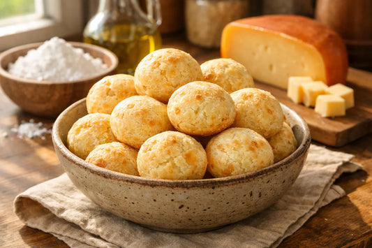 Pão de queijo recept — a bowl of freshly baked Brazilian cheese bread on a wooden counter with ingredients nearby.