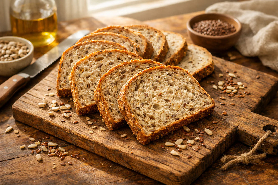 Schär glutenvrij brood — Slices of fresh multigrain gluten-free bread on a rustic wooden board.