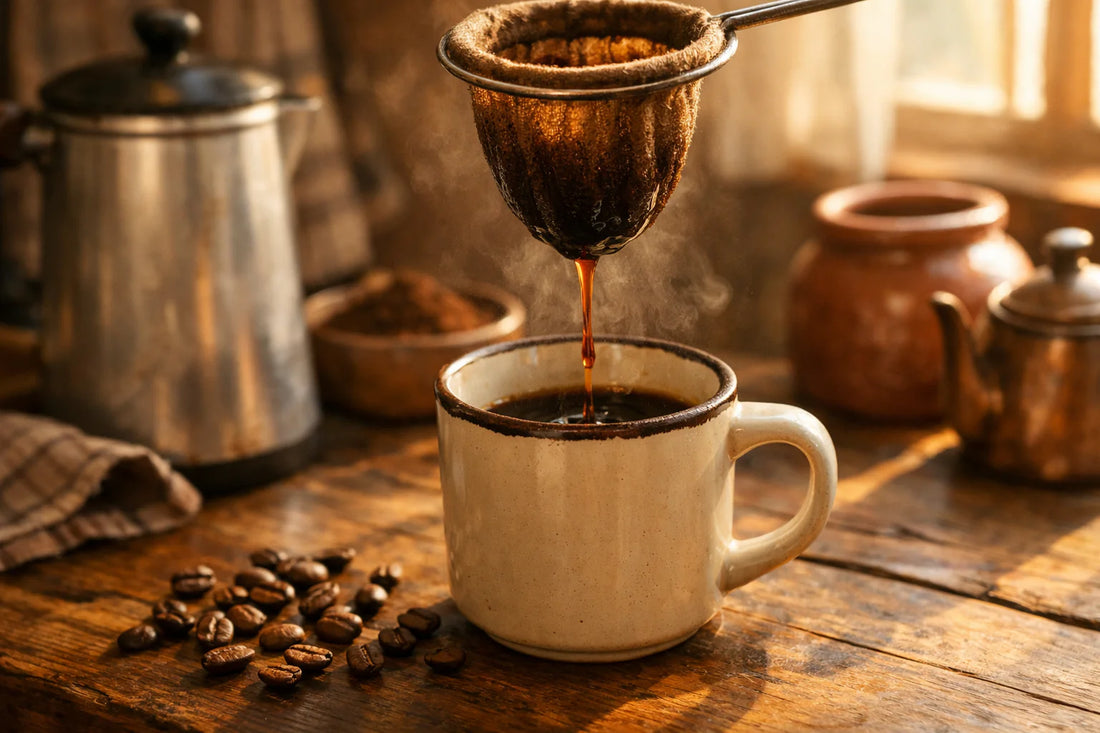 Café Pilão — traditionele Braziliaanse koffie die wordt gezet met een 'coador' stoffen filter op een rustieke houten tafel.
