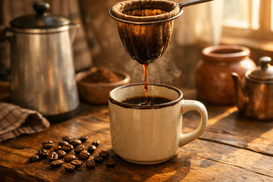 Café Pilão — traditionele Braziliaanse koffie die wordt gezet met een 'coador' stoffen filter op een rustieke houten tafel.