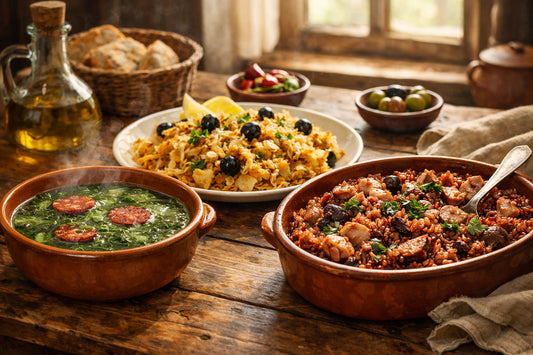 Pratos Portugueses — A table filled with traditional dishes like Bacalhau à Brás and Caldo Verde.