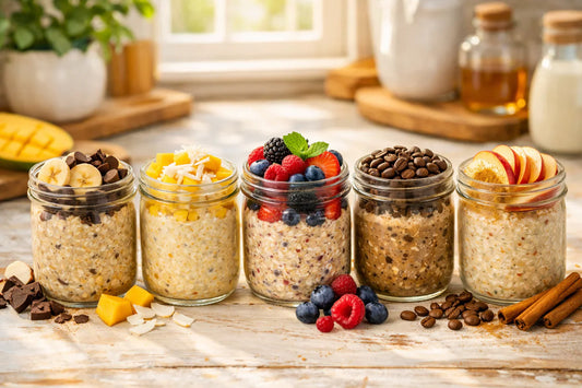Overnight oats — five glass jars with various toppings like fruit, chocolate, and nuts on a kitchen counter.