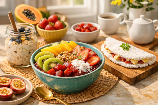 Snelle Ontbijt Recepten — A vibrant breakfast spread including a Brazilian bowl, overnight oats, and a tapioca wrap.