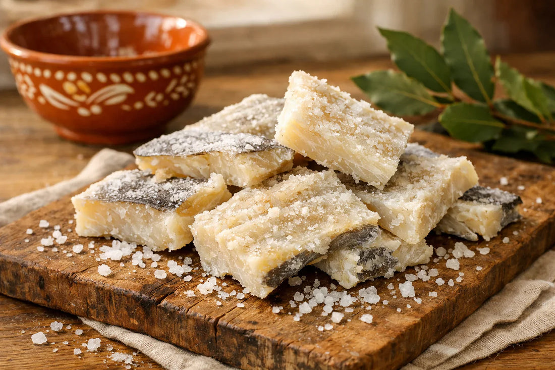 Bacalhau kopen — dried salted bacalhau pieces on a rustic wooden board, ready for preparation.