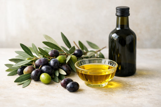Olive Oil — fresh olive branches, ripe olives, and a bottle of extra virgin olive oil on a light surface