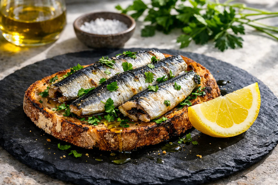 Sardines voedingswaarde — ingeblikte sardines op een stuk rustiek brood met peterselie en citroen.