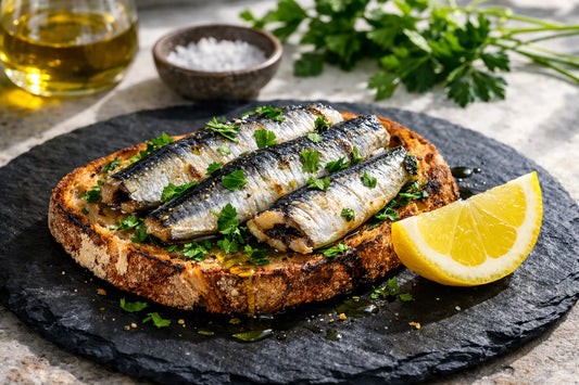 Sardines voedingswaarde — ingeblikte sardines op een stuk rustiek brood met peterselie en citroen.