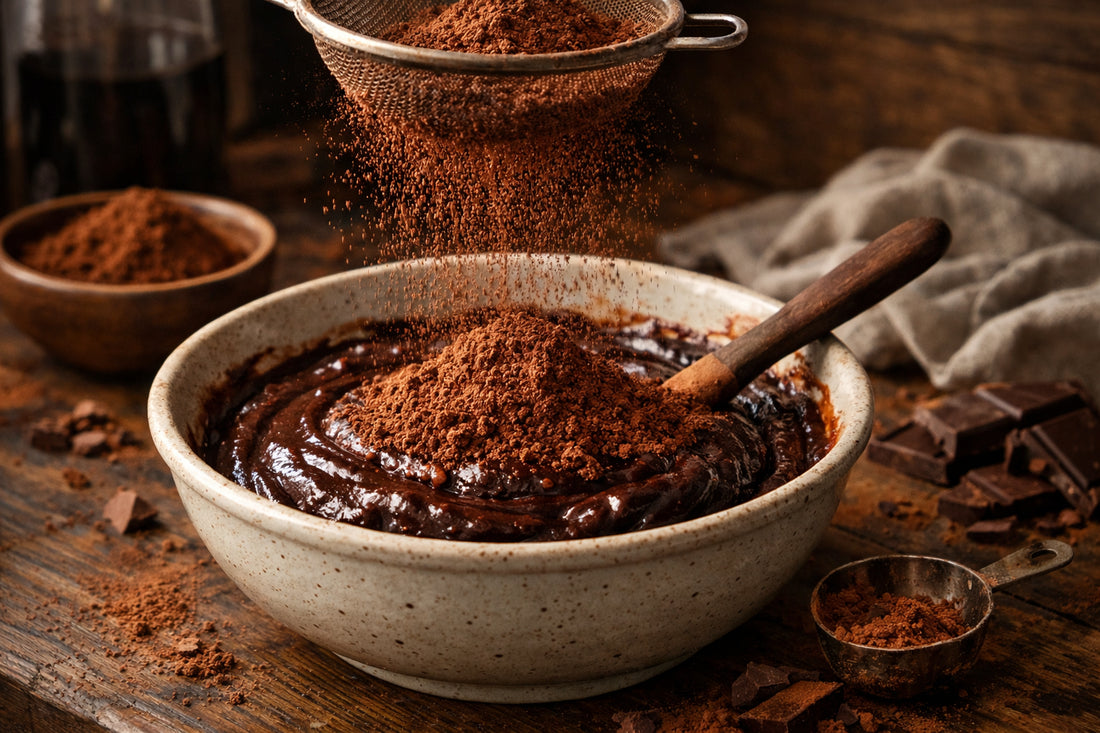 Cacaopoeder kiezen — donker cacaopoeder wordt in een kom met browniebeslag gezeefd voor het bakken van fudgy brownies.