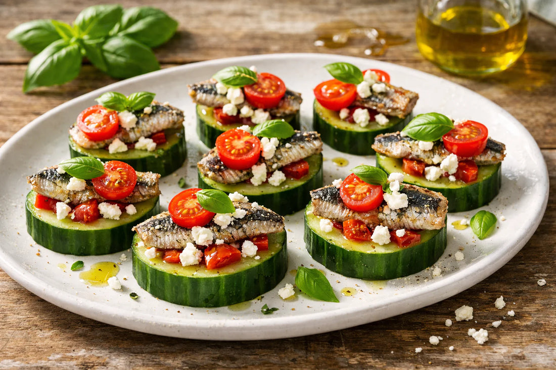 Sardine Snack Bites — Mediterranean-style bites on cucumber slices with feta, tomato, and basil on a platter.