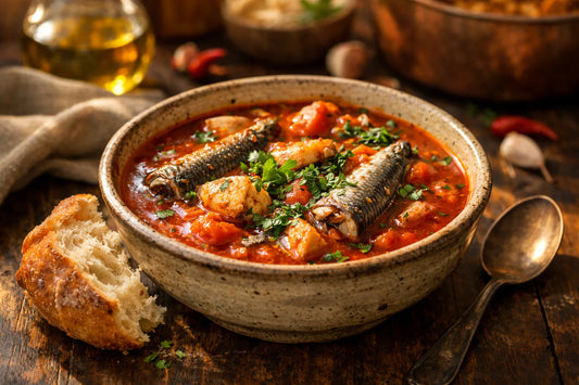 Mediterrane vis soep — een rustieke kom met rijke tomatenbouillon, vis en een stuk knapperig brood.