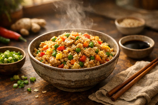 Aziatische gebakken rijst — a steaming bowl of homemade fried rice with fresh vegetables and chopsticks on a wooden table.