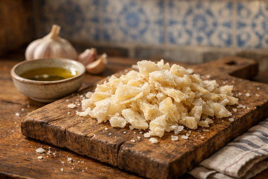 Bacalhau — gedroogde en gezouten kabeljauwvlokken op een rustieke houten plank in een Portugese keuken.
